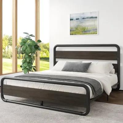 QuikFurn Full Heavy Duty Round Metal Frame Platform Bed with Black Wood Panel Headboard