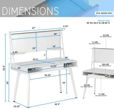 Study Computer Desk with Storage & Magnetic Dry Erase White Board, White