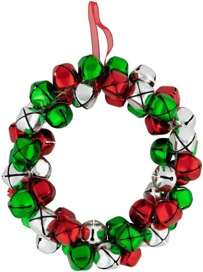 Red  Green  and Silver Jingle Bell Christmas Wreath  9-Inch  Unlit