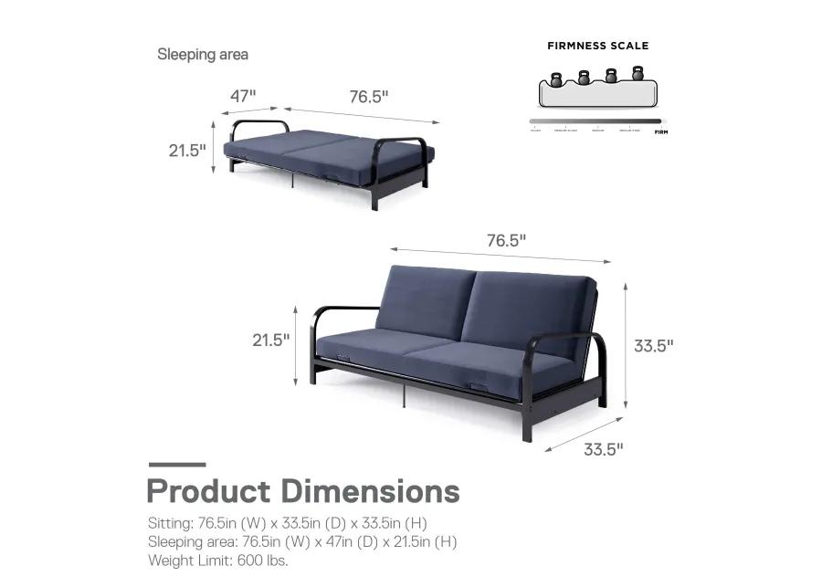 Karli Black Metal Arm Futon Frame with 6" Blue Mattress and extra Black Slipcover