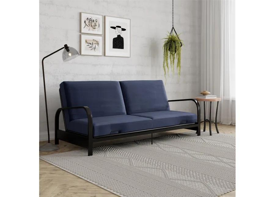 Karli Black Metal Arm Futon Frame with 6" Blue Mattress and extra Black Slipcover