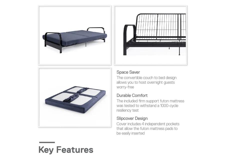 Karli Black Metal Arm Futon Frame with 6" Blue Mattress and extra Black Slipcover