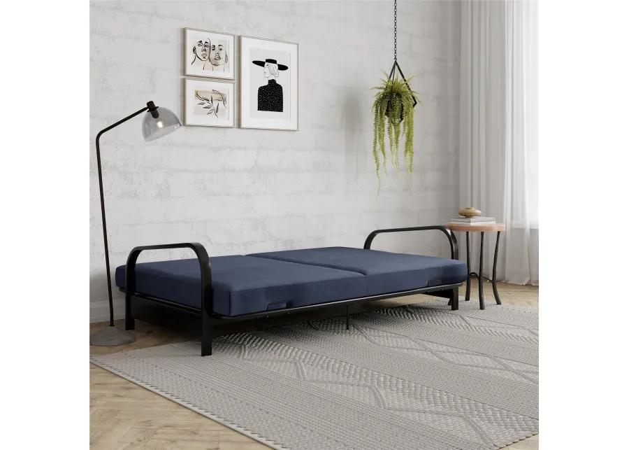 Karli Black Metal Arm Futon Frame with 6" Blue Mattress and extra Black Slipcover