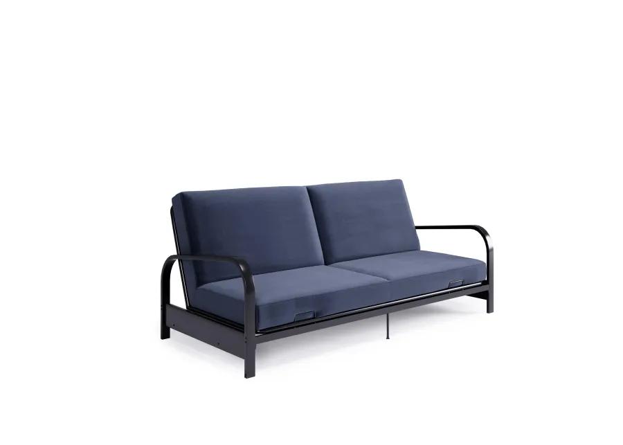 Karli Black Metal Arm Futon Frame with 6" Blue Mattress and extra Black Slipcover