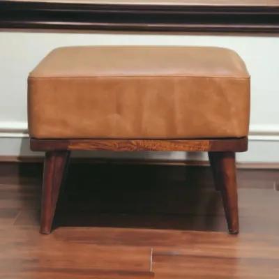 Tan Buffalo Leather Tan Solid Wood Footstool