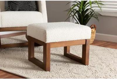 Off-White Boucle Upholstered and Walnut Brown Finished Wood Ottoman Footstool