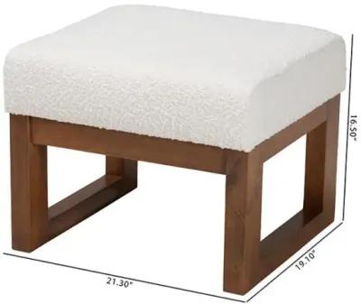 Off-White Boucle Upholstered and Walnut Brown Finished Wood Ottoman Footstool