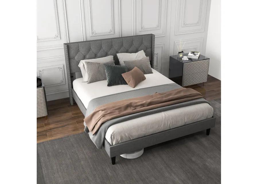 Upholstered Platform Bed with Button Tufted Headboard