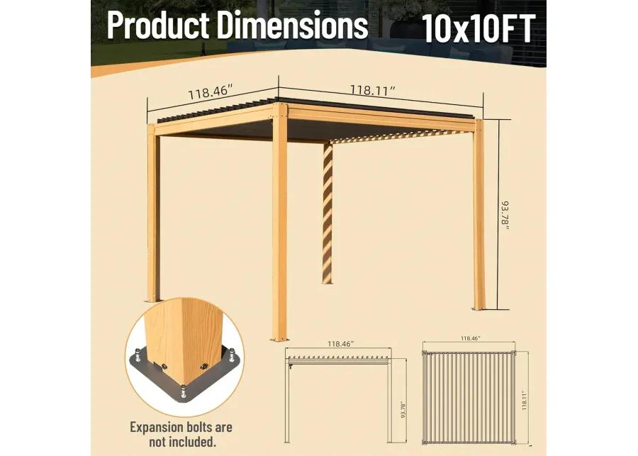 MONDAWE 10X10FT Outdoor Wood Looking Louvered Pergola Wood Grain Aluminum Pergola with Adjustable Roof for Patio, Deck, Garden