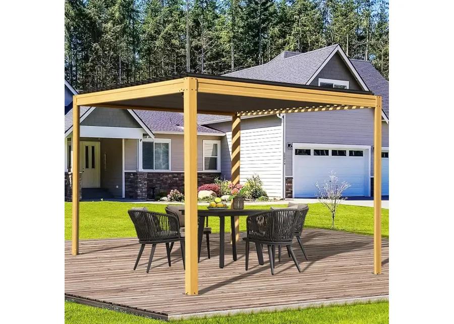 MONDAWE 10X10FT Outdoor Wood Looking Louvered Pergola Wood Grain Aluminum Pergola with Adjustable Roof for Patio, Deck, Garden