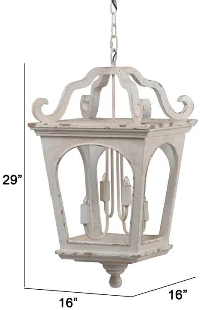 16 Inch 4 Light Chandelier, Classic Design, Fir Wood Iron, Distressed White - Benzara