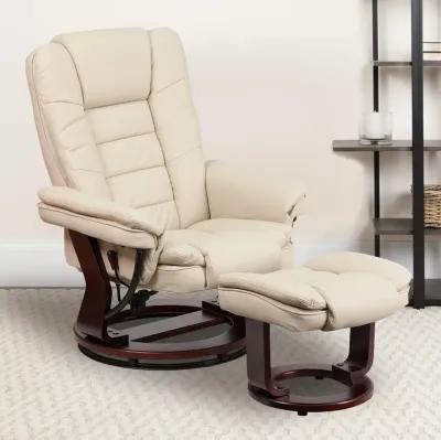 Flash Furniture Bali Contemporary Multi-Position Recliner with Horizontal Stitching and Ottoman with Swivel Mahogany Wood Base in Beige LeatherSoft