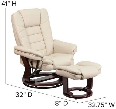 Flash Furniture Bali Contemporary Multi-Position Recliner with Horizontal Stitching and Ottoman with Swivel Mahogany Wood Base in Beige LeatherSoft