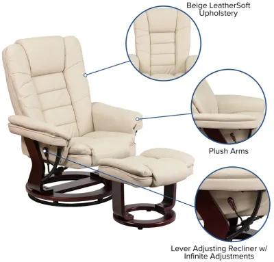 Flash Furniture Bali Contemporary Multi-Position Recliner with Horizontal Stitching and Ottoman with Swivel Mahogany Wood Base in Beige LeatherSoft