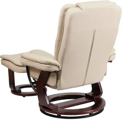 Flash Furniture Bali Contemporary Multi-Position Recliner with Horizontal Stitching and Ottoman with Swivel Mahogany Wood Base in Beige LeatherSoft