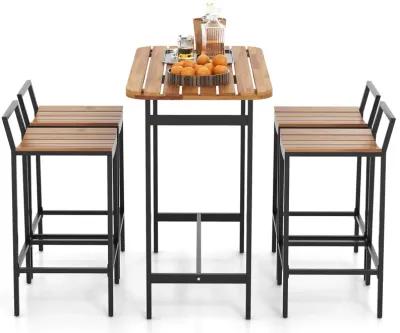 5 Piece Acacia Wood Bar Table Set Bar Height Table and Chairs with Metal Frame and Footrest