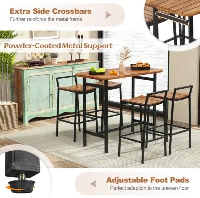 5 Piece Acacia Wood Bar Table Set Bar Height Table and Chairs with Metal Frame and Footrest