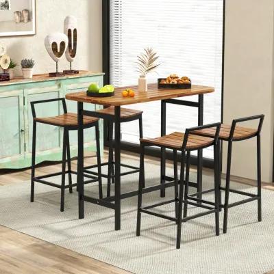 5 Piece Acacia Wood Bar Table Set Bar Height Table and Chairs with Metal Frame and Footrest