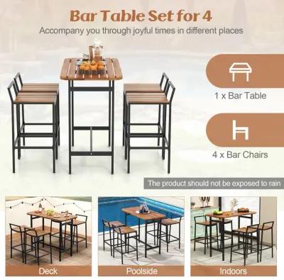 5 Piece Acacia Wood Bar Table Set Bar Height Table and Chairs with Metal Frame and Footrest