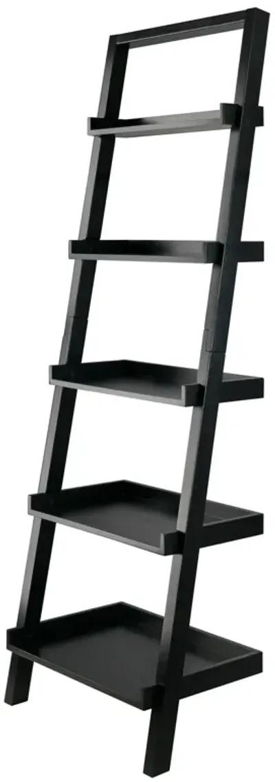 Ergode Wood Bellamy Leaning Shelf - Sleek & Stylish Space-Saving Solution with 5 Tiers of Open Shelves - Black Finish - Easy Assembly & Wall Attachment