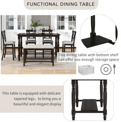 Merax 6-Piece Counter Height Dining Table Set Table with Shelf 4 Chairs and Bench for Dining Room