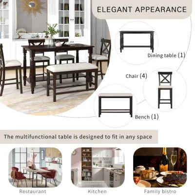 Merax 6-Piece Counter Height Dining Table Set Table with Shelf 4 Chairs and Bench for Dining Room