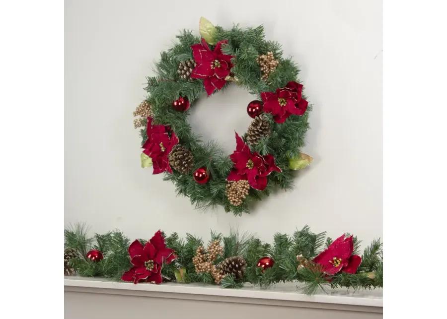 6' x 10" Pine and Poinsettias Artificial Christmas Garland - Unlit