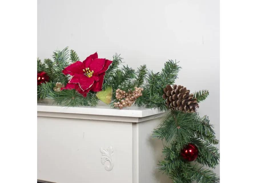 6' x 10" Pine and Poinsettias Artificial Christmas Garland - Unlit