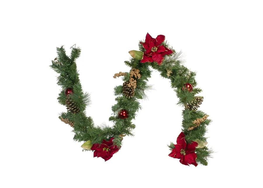 6' x 10" Pine and Poinsettias Artificial Christmas Garland - Unlit