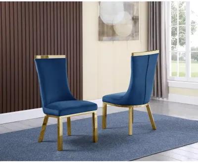 Upholstered dining chairs set of 2 in Navy blue velvet fabric, gold colored stainless steel base