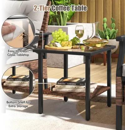 5-Piece Wicker Patio Furniture Set with Ottomans, Cushions, and 2-Tier Tempered Glass Side Table