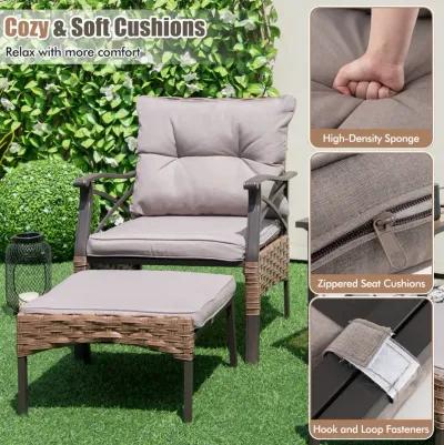 5-Piece Wicker Patio Furniture Set with Ottomans, Cushions, and 2-Tier Tempered Glass Side Table