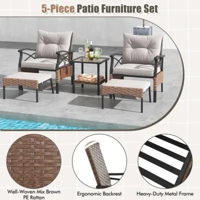 5-Piece Wicker Patio Furniture Set with Ottomans, Cushions, and 2-Tier Tempered Glass Side Table