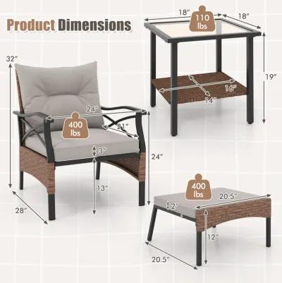 5-Piece Wicker Patio Furniture Set with Ottomans, Cushions, and 2-Tier Tempered Glass Side Table