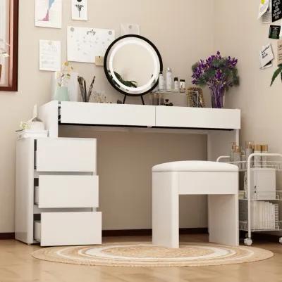 White Makeup Vanity Sets Wood Dressing Desk With 5-Drawers, See-Through Glass Top, Round LED Dimmable Mirror and Stool