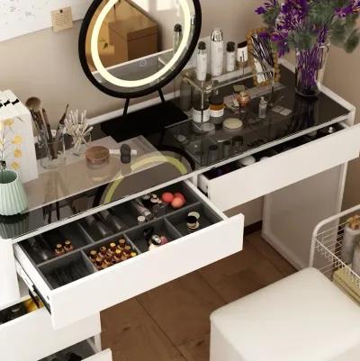 White Makeup Vanity Sets Wood Dressing Desk With 5-Drawers, See-Through Glass Top, Round LED Dimmable Mirror and Stool