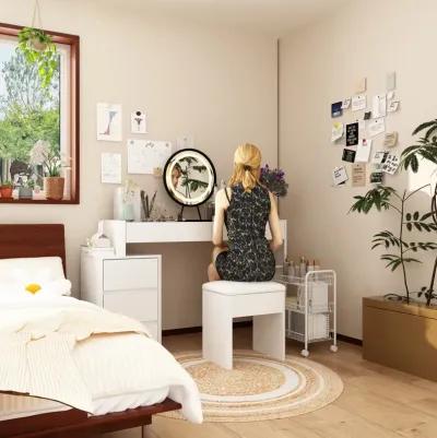 White Makeup Vanity Sets Wood Dressing Desk With 5-Drawers, See-Through Glass Top, Round LED Dimmable Mirror and Stool