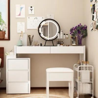 White Makeup Vanity Sets Wood Dressing Desk With 5-Drawers, See-Through Glass Top, Round LED Dimmable Mirror and Stool