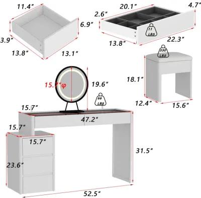 White Makeup Vanity Sets Wood Dressing Desk With 5-Drawers, See-Through Glass Top, Round LED Dimmable Mirror and Stool