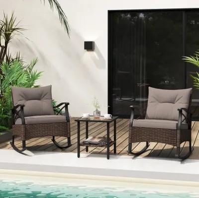 3-Piece Outdoor Rattan Rocking Chairs Set with 2-Tier Side Table for Garden and Backyard