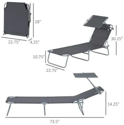 Outsunny Outdoor Lounge Chair, Adjustable Folding Chaise Lounge, Tanning Chair with Sun Shade for Beach, Camping, Hiking, Backyard, Gray