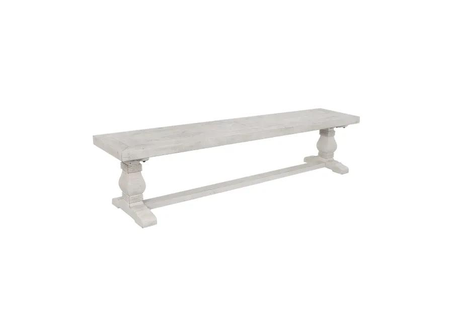 Kai 66 Inch Reclaimed Pine Dining Bench, Turned Pedestals, Antique White-Benzara