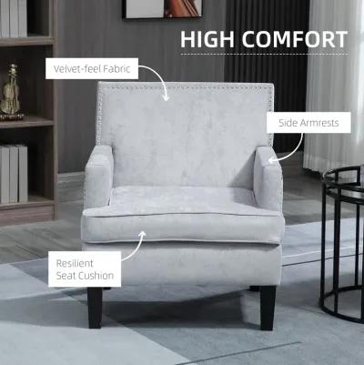 HOMCOM Modern Accent Chair, Upholstered Living Room Chair with Solid Wood Legs and Nailhead Trim, Armchair for Living Room, Bedroom, Home Office, Light Gray