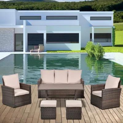 Beige Outdoor Dining: 6-Piece Rattan Wicker Set with Cushions