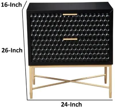 Rexi 26 Inch 2 Drawer Nightstand, Honeycomb, Mahogany Wood, Black, Gold-Benzara