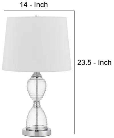 23 Inch Hourglass Ribbed Glass Base Table Lamp, Dimmer, Clear-Benzara