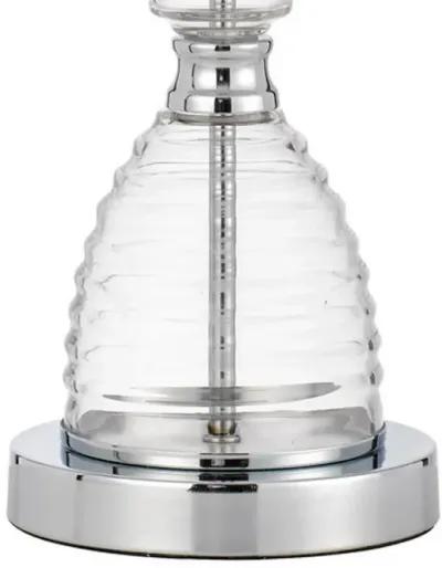 23 Inch Hourglass Ribbed Glass Base Table Lamp, Dimmer, Clear-Benzara