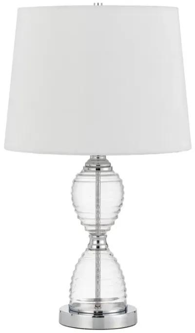 23 Inch Hourglass Ribbed Glass Base Table Lamp, Dimmer, Clear-Benzara