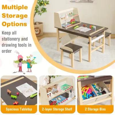 Kids Art Table and Chairs Set with Paper Roll and Storage Bins-Coffee