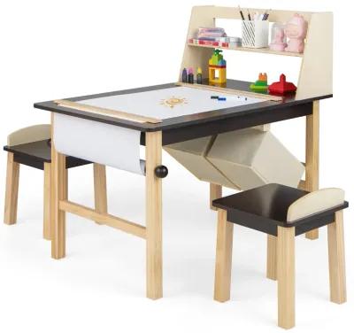 Kids Art Table and Chairs Set with Paper Roll and Storage Bins-Coffee